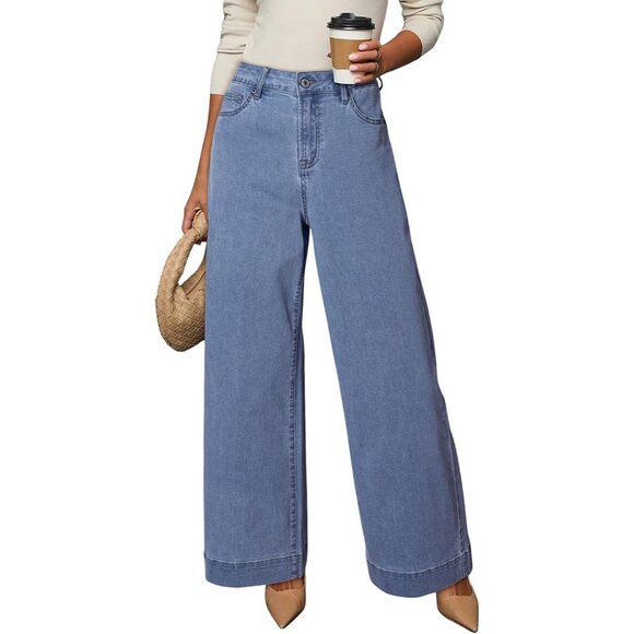 Denim - Women's Myosotis Waisted Wide Leg Denim Jeans Stretchy Loose Pants with Pockets